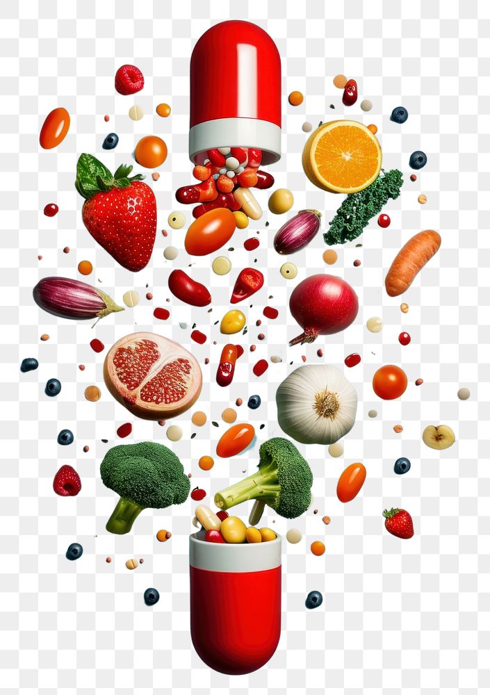 PNG Red and white capsule with fruits and vegetables falling out from top to bottom pill food blue background.