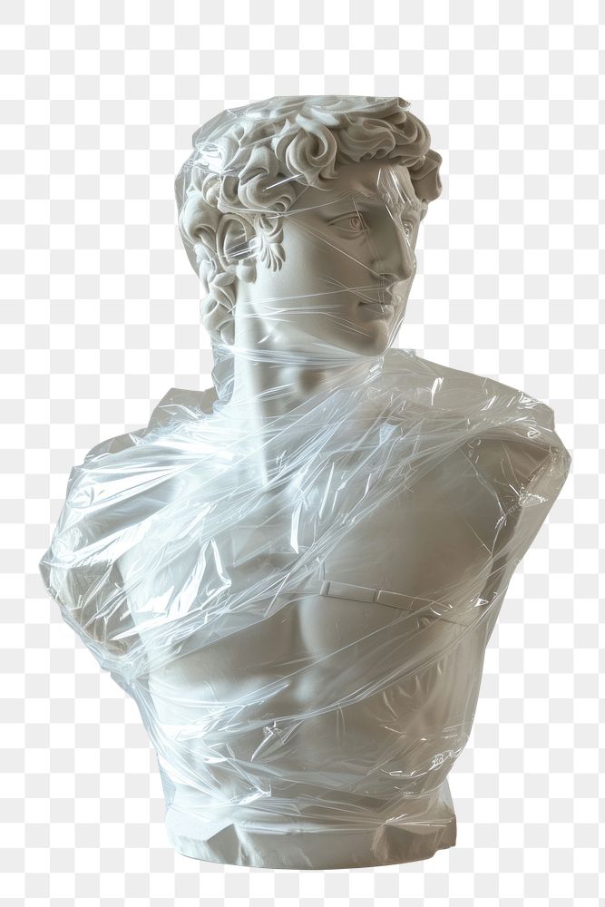 PNG  Plastic wrapping over renaissance sculpture white art representation.