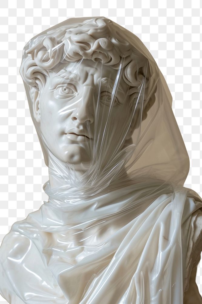 PNG  Plastic wrapping over renaissance sculpture statue white art.