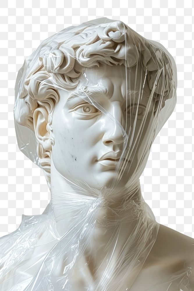 PNG  Plastic wrapping over renaissance sculpture white art representation.