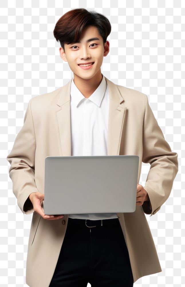 PNG Happy smiling asian teenager student holding laptop using computer technology presenting elearning portrait adult photo.…