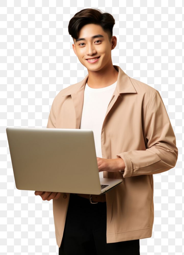 PNG Happy smiling asian teenager student holding laptop using computer technology presenting elearning portrait adult happy