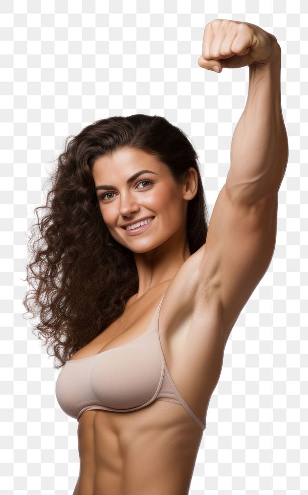 PNG  Woman flexing arm adult white background bodybuilding. AI generated Image by rawpixel.