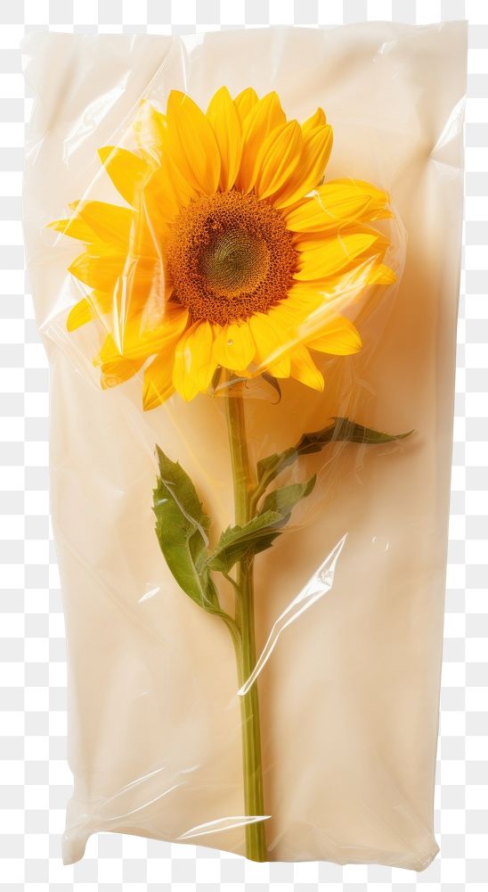 PNG  Plastic wrapping over a dry sunflower petal plant white background.
