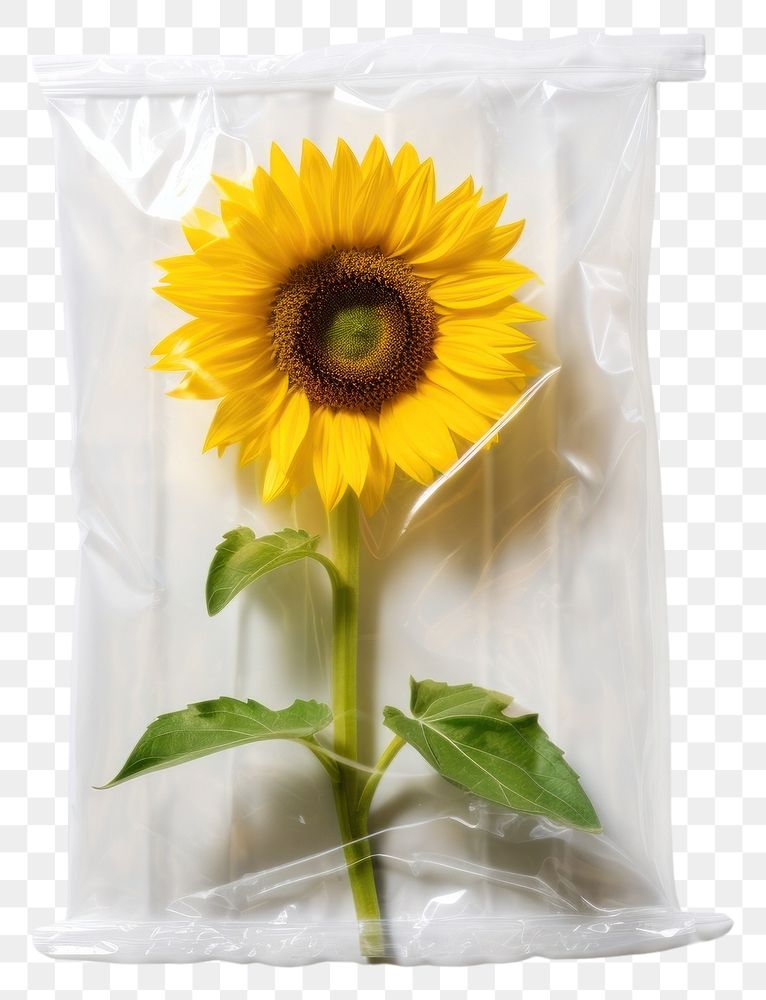 PNG  Plastic wrapping over a sunflower plant white inflorescence.