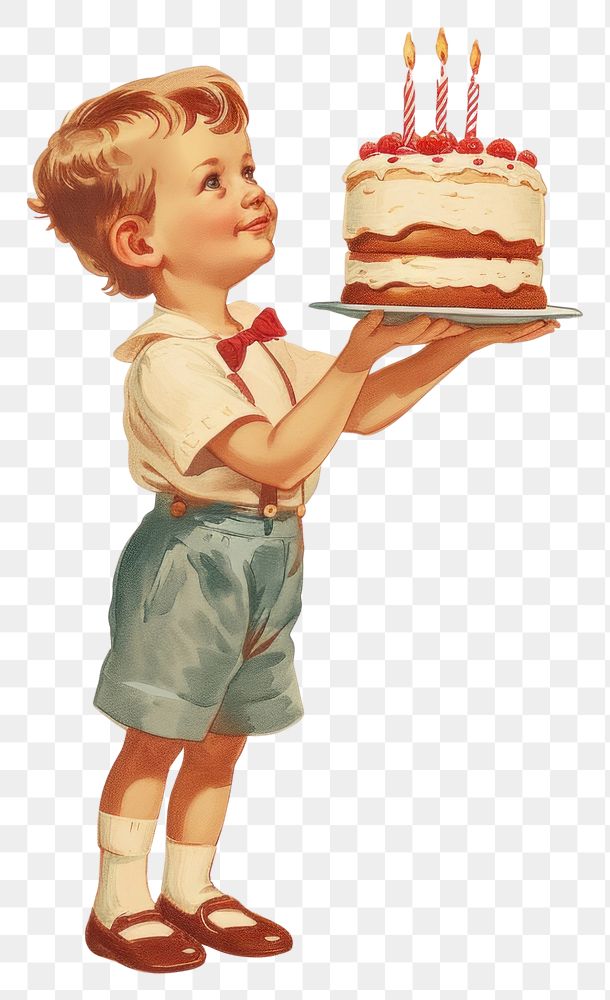PNG Vintage illustration a little boy cake birthday dessert.