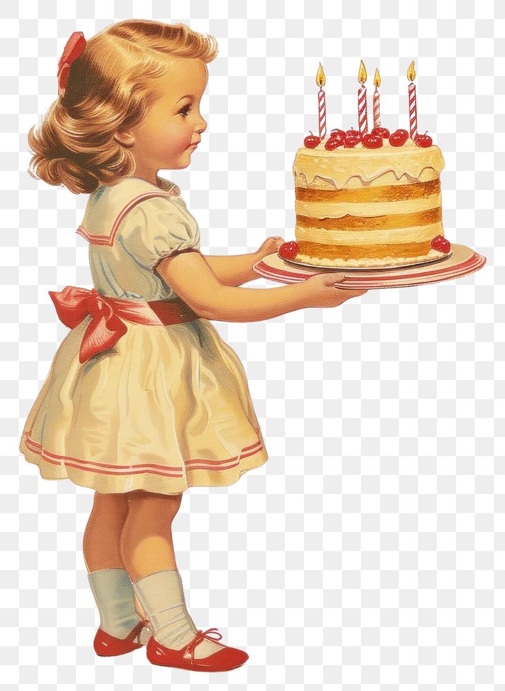 PNG Vintage illustration a little girl cake birthday dessert.