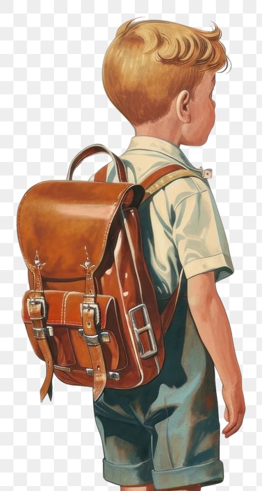 PNG Vintage illustration little boy backpack child bag.