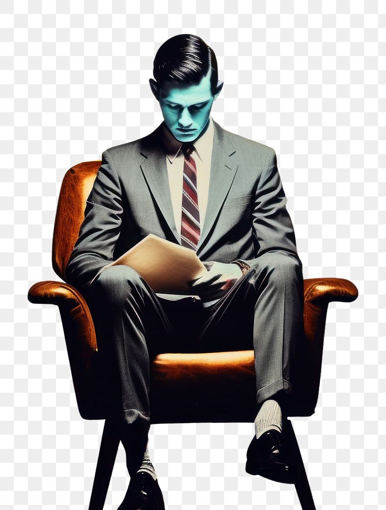 PNG  Collage Retro dreamy business man painting collage chair.