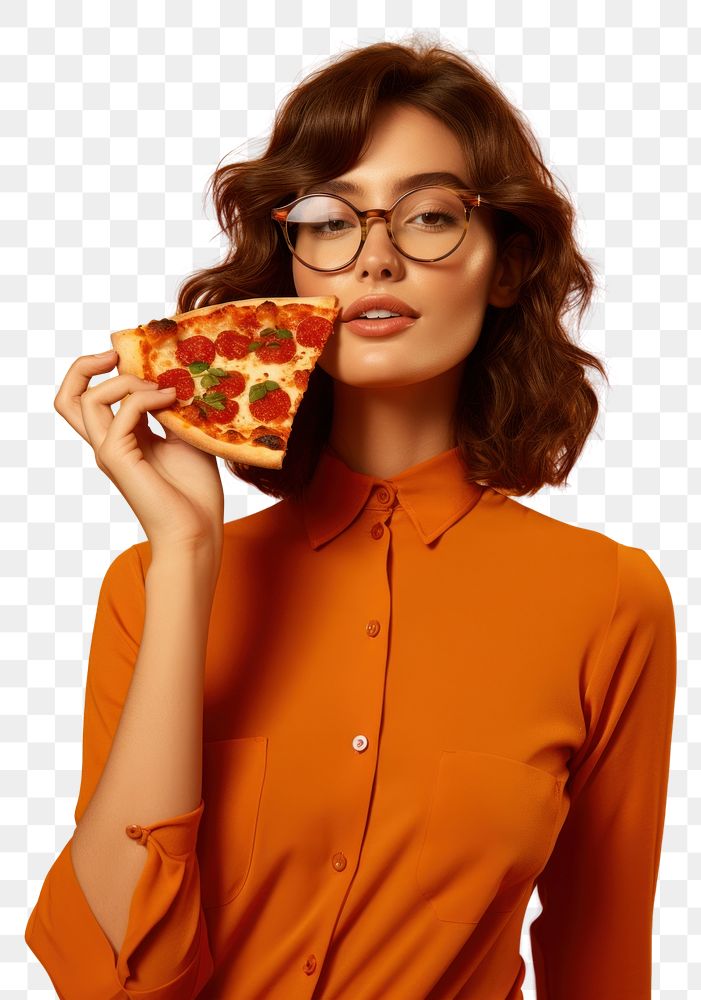 PNG Woman wear glasses pizza biting eating.