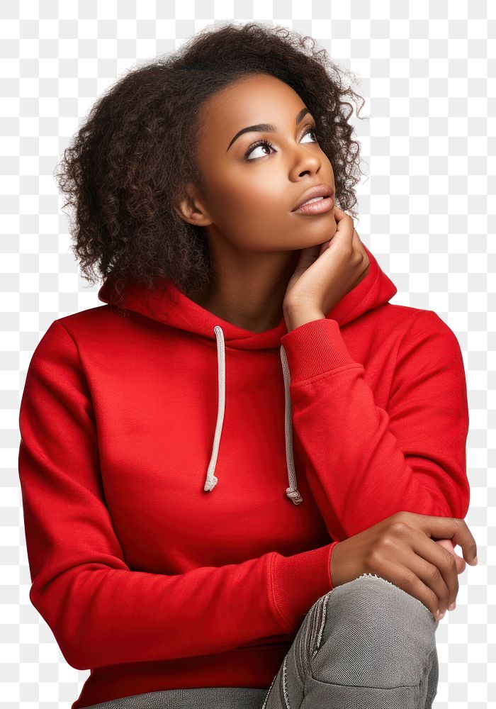 PNG African american woman thinking sweater sweatshirt portrait.