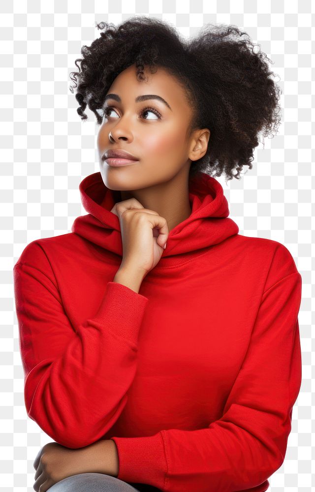 PNG African american woman thinking sweater sweatshirt portrait.