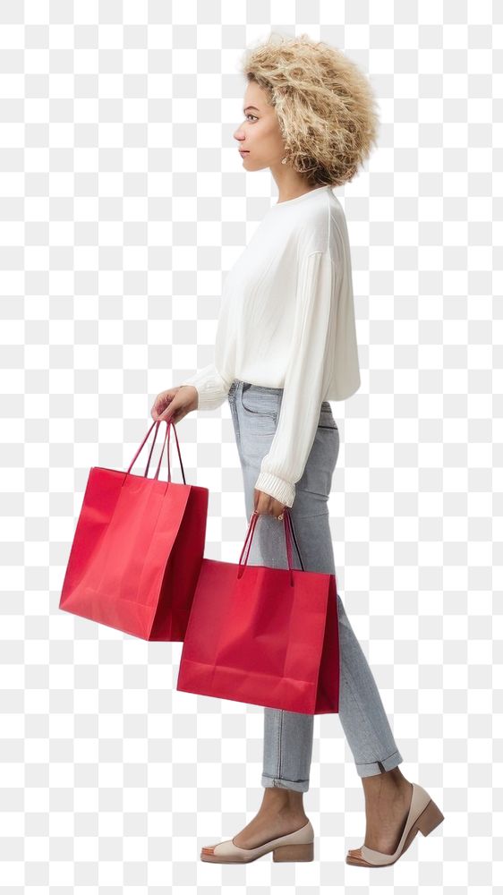 PNG  Real woman holding shopping bags handbag adult white background.