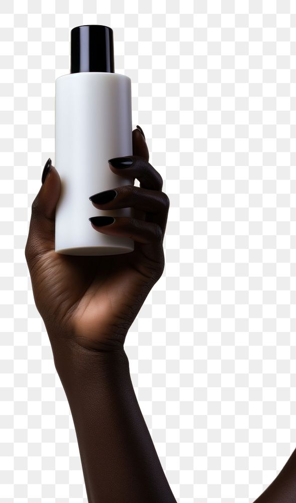 PNG A black woman hand carry a skincare bottle finger cosmetics lighting.