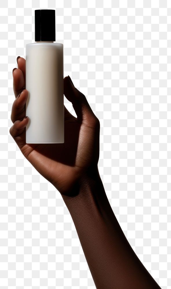 PNG A black woman hand carry a skincare bottle cosmetics container holding.