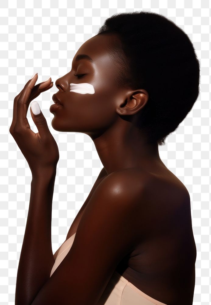 PNG A black woman left hand apply a little bit of cream on her skin fashion adult hairstyle.