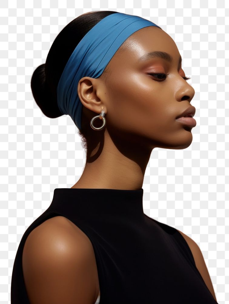 PNG A black woman wearing blue eyeliner with modern brown 2023 headband photography portrait earring.