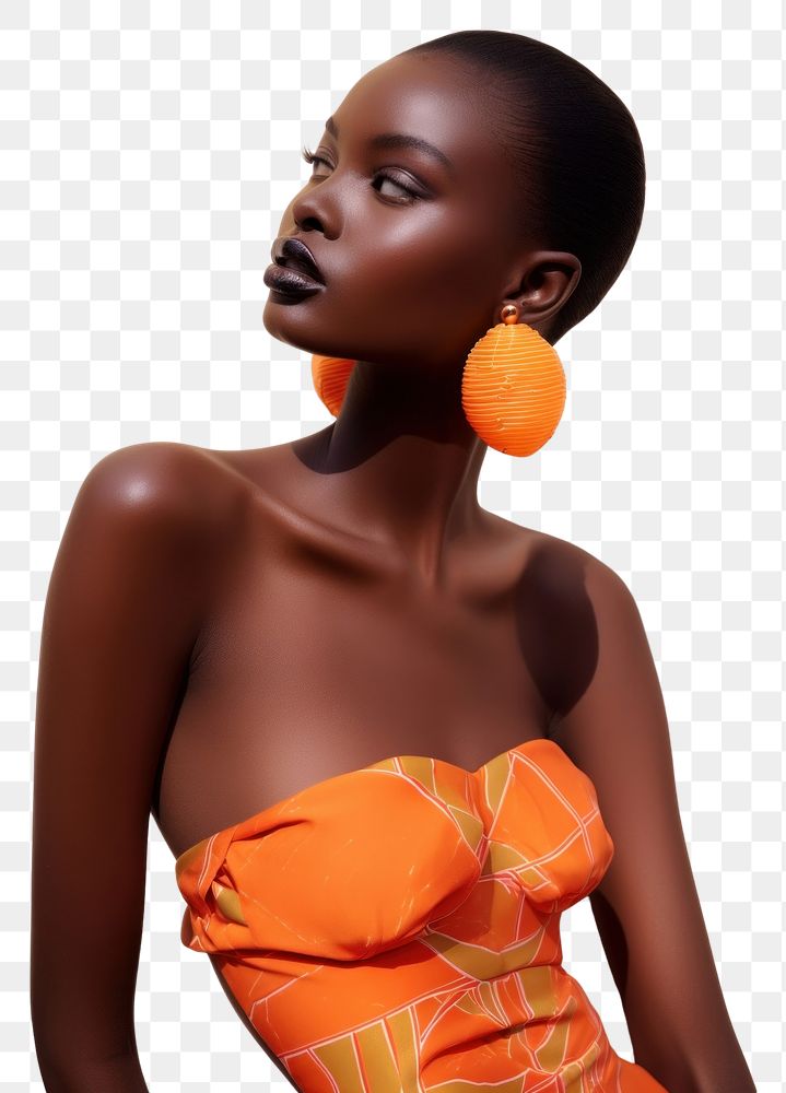 PNG A black woman wearing orange lip and orange earring and orange clothe photography portrait fashion.
