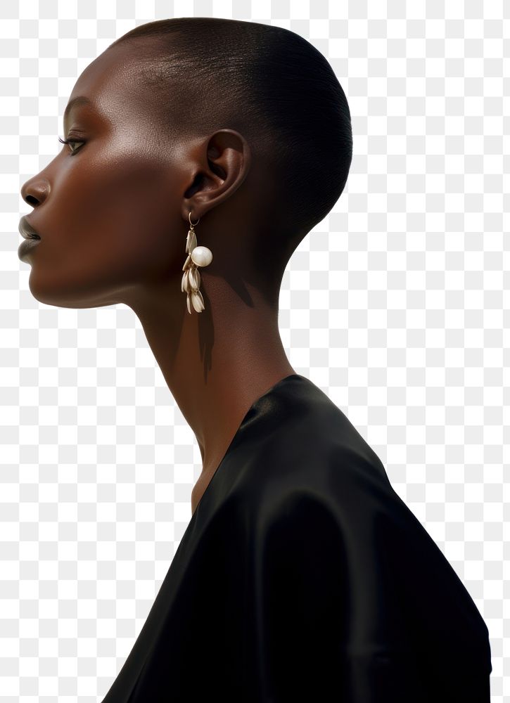 PNG A black woman wearing modern minimal earring looking down the floor photography portrait jewelry.