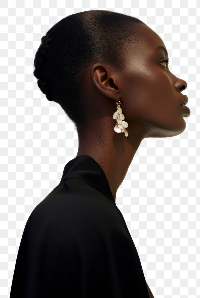 PNG A black woman wearing modern minimal earring looking down photography portrait jewelry.