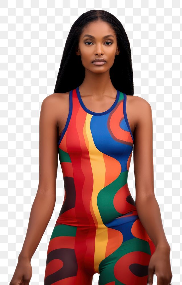 PNG A black woman with long hair wearing modern colorful photography portrait fashion.