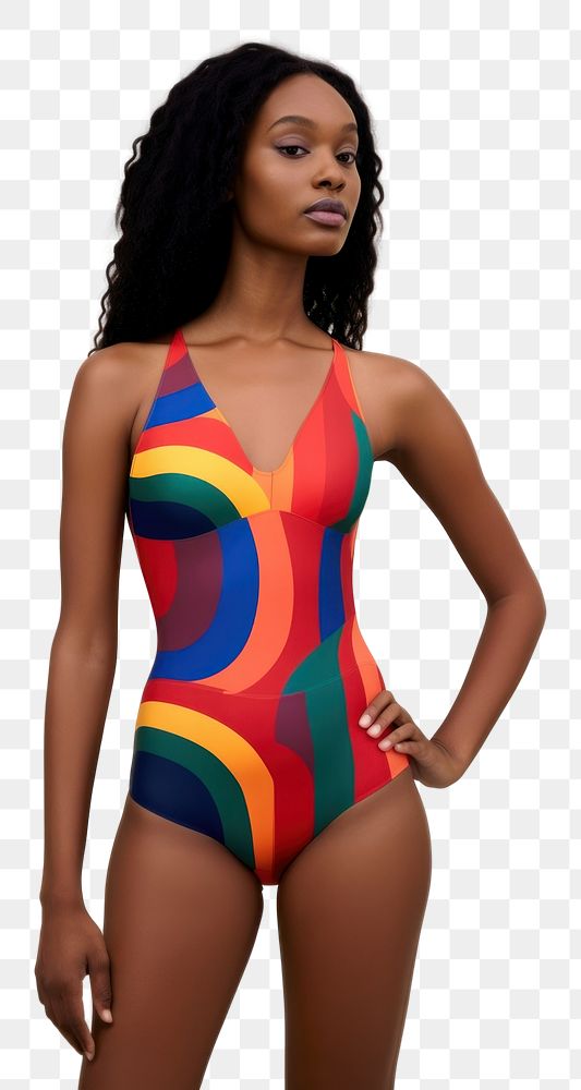 PNG A black woman with long hair wearing modern colorful swimwear fashion bikini.