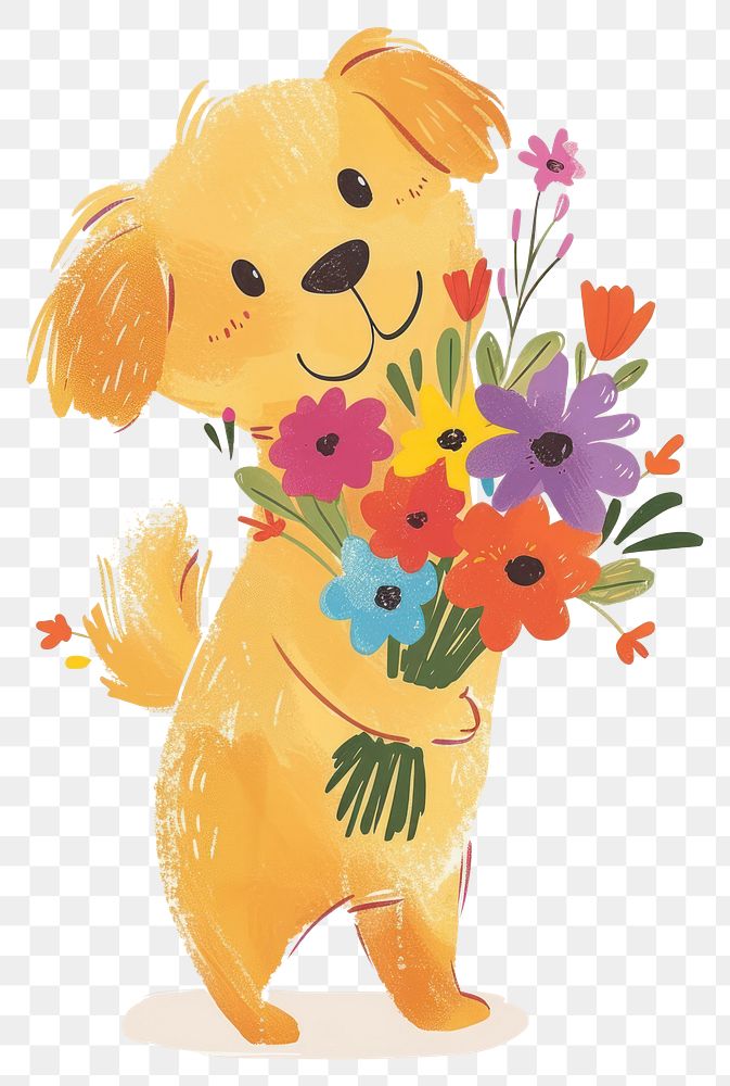 PNG A cartoon dog holding a bunch of flowers animal plant cute.