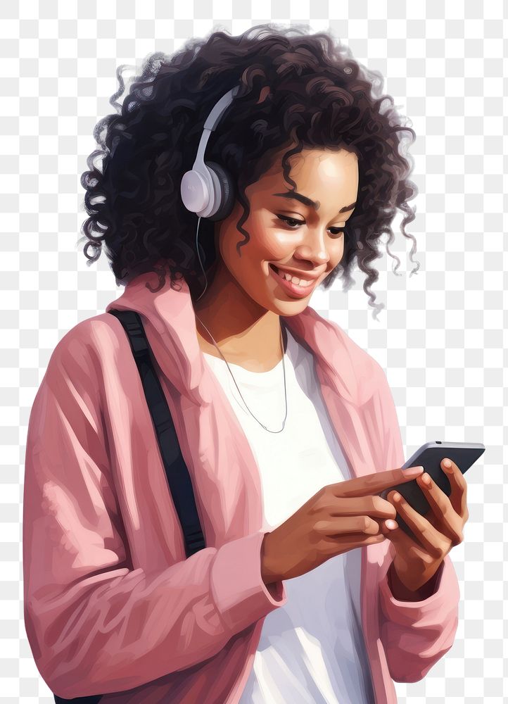 PNG Cheerful black woman using phone headphones white background portability.