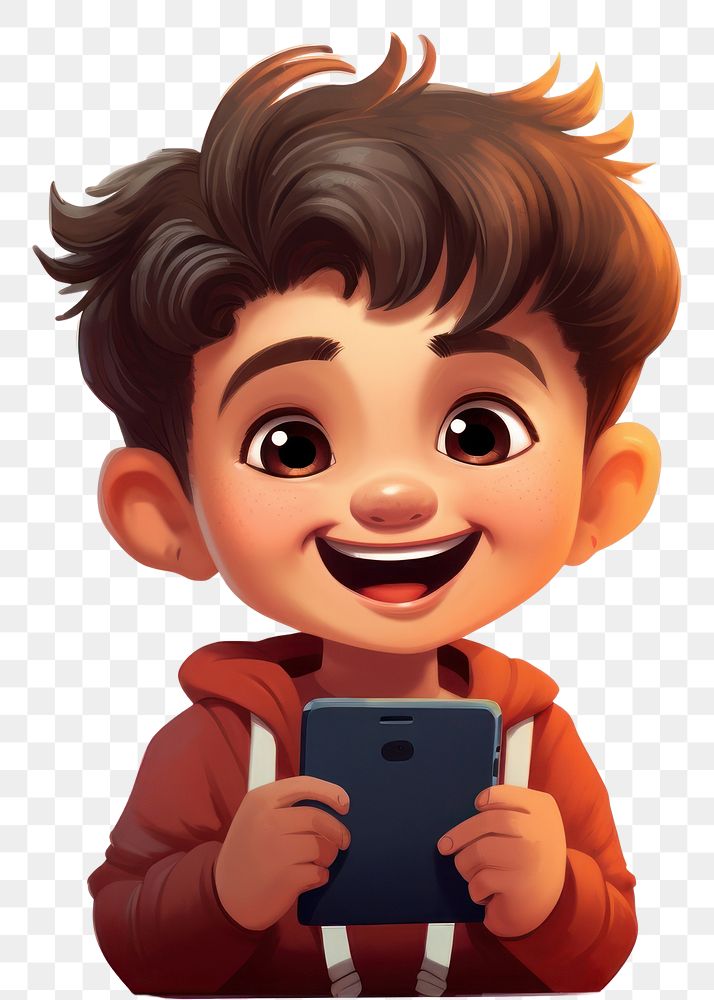 PNG Cheerful kid using phone portrait cartoon white background.