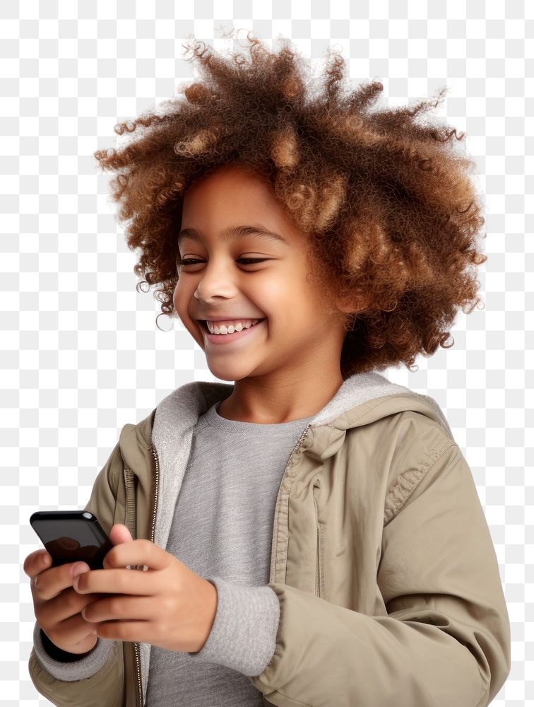 PNG Cheerful kid using phone smile photo white background.