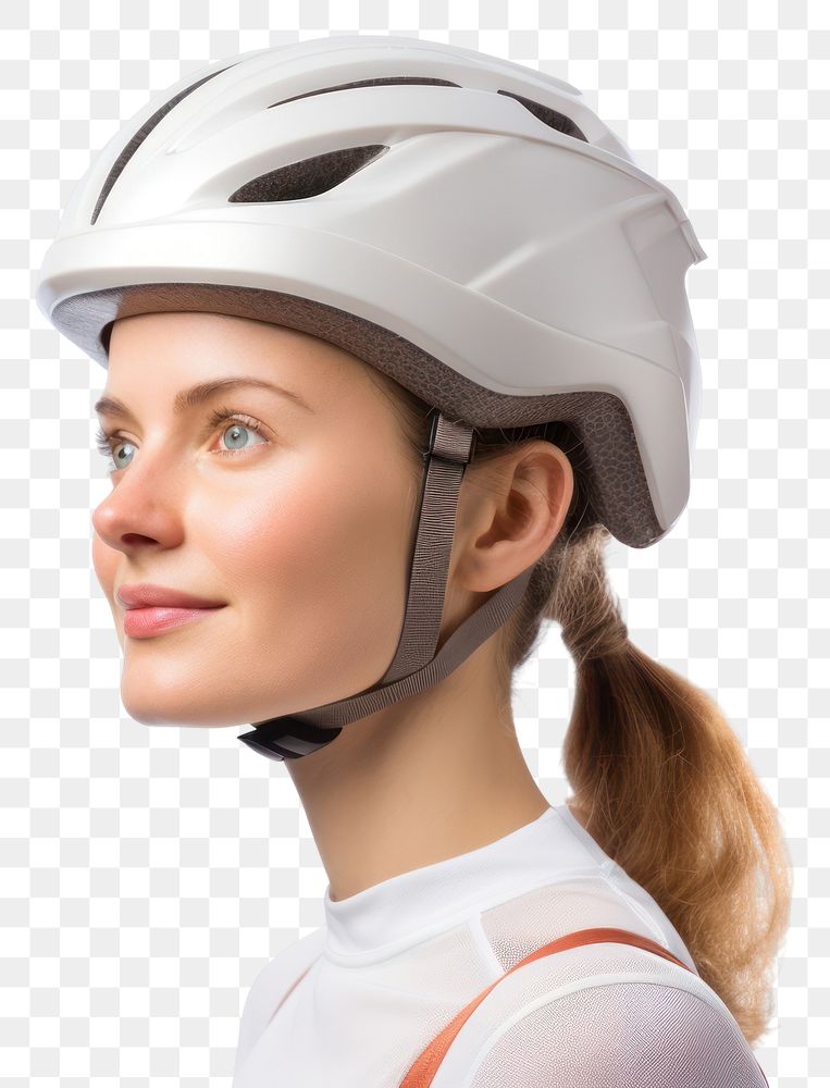 PNG  Woman in bicycle helmet adult white background exercising.