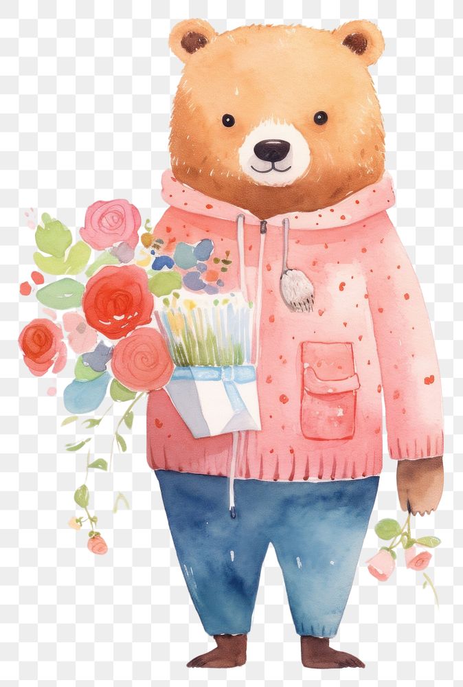 PNG Chubby Bear with a bouquet of flowers nature cute bear.
