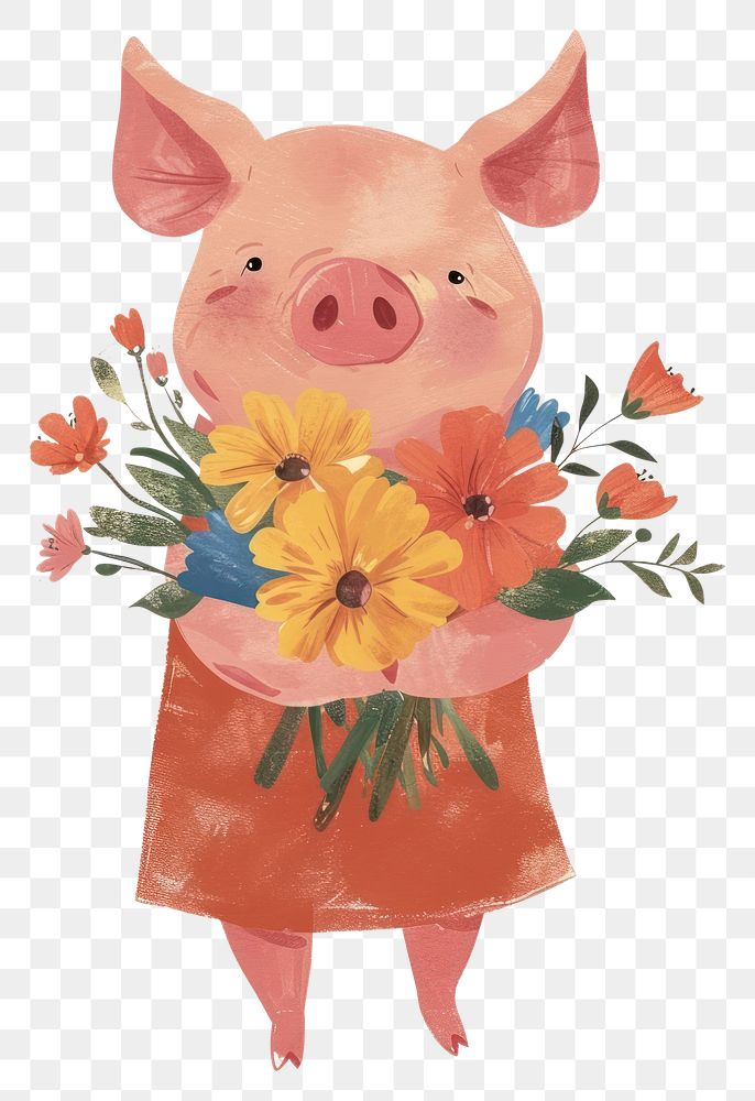 PNG Cartoon pig holding a bunch of flowers run floating colorful clothes animal mammal plant.