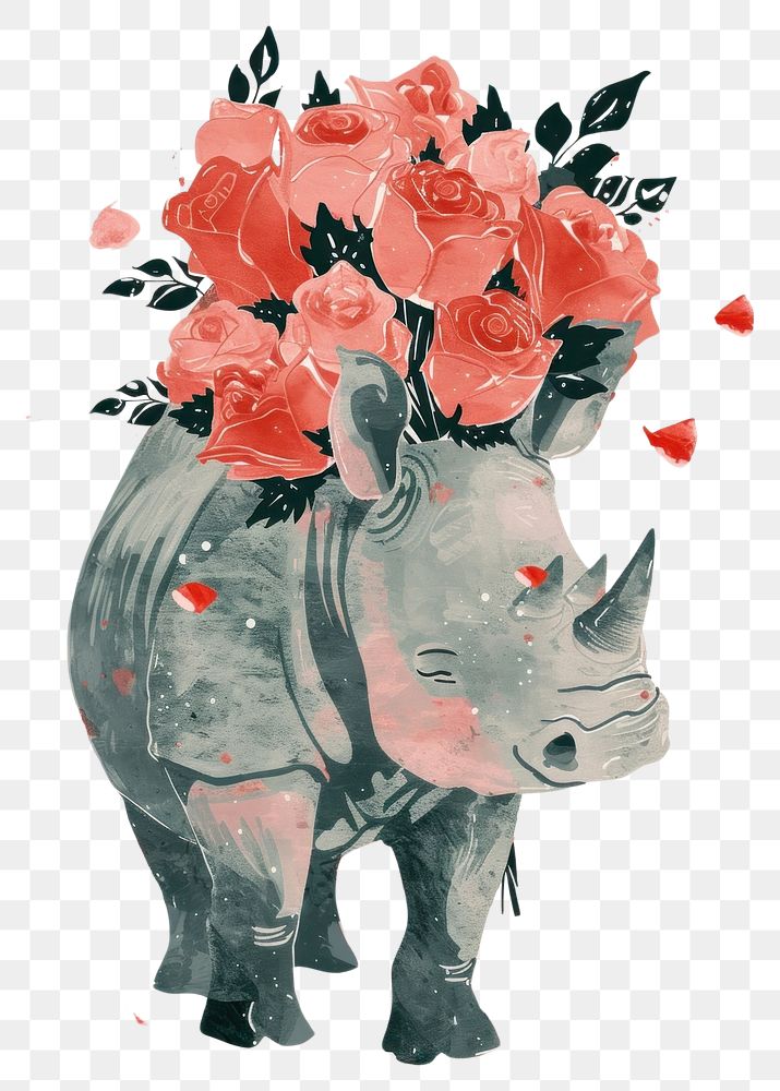PNG A Rhinoceros holds a large bouquet of roses animal rhinoceros mammal.