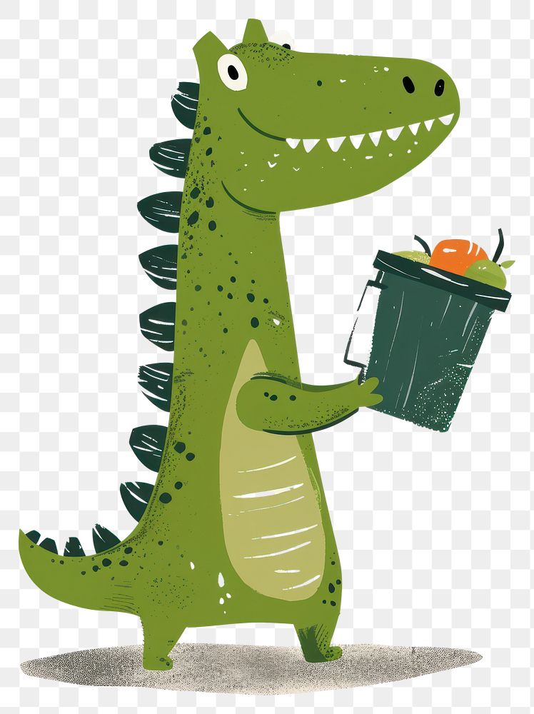 PNG Dinosaur holding recycle bin animal representation container.