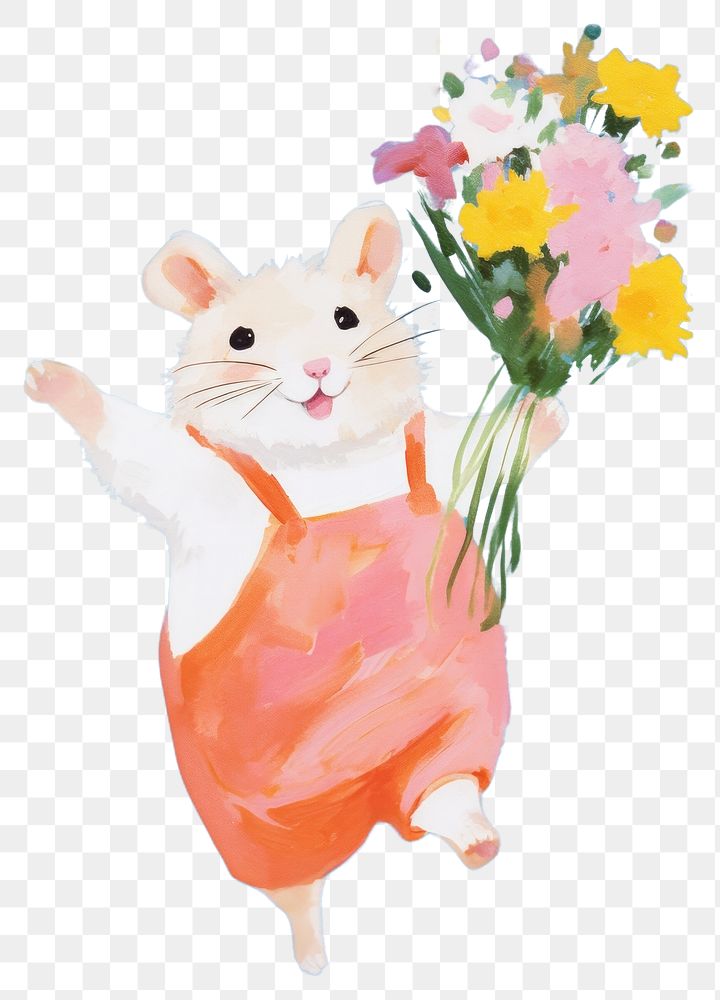 PNG A cartoon Hamster holding a bunch of flowers animal painting hamster.