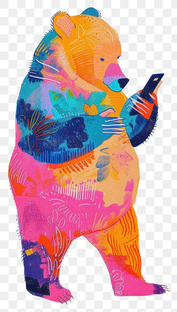 PNG Bear is using a mobile phone Holding a mobile phone art painting drawing.