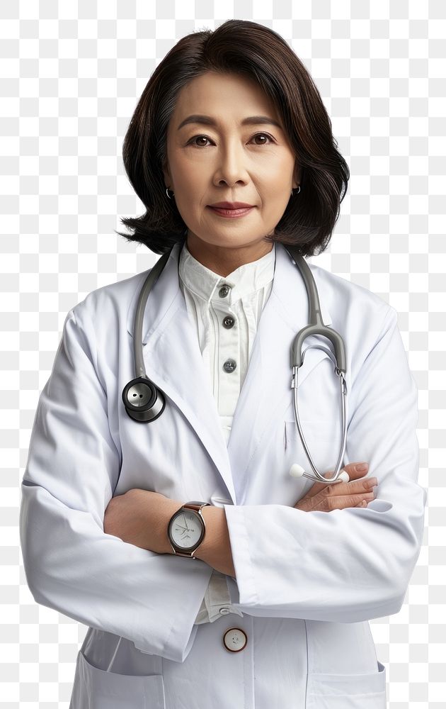 PNG  Middle age female asian doctor adult white background stethoscope.