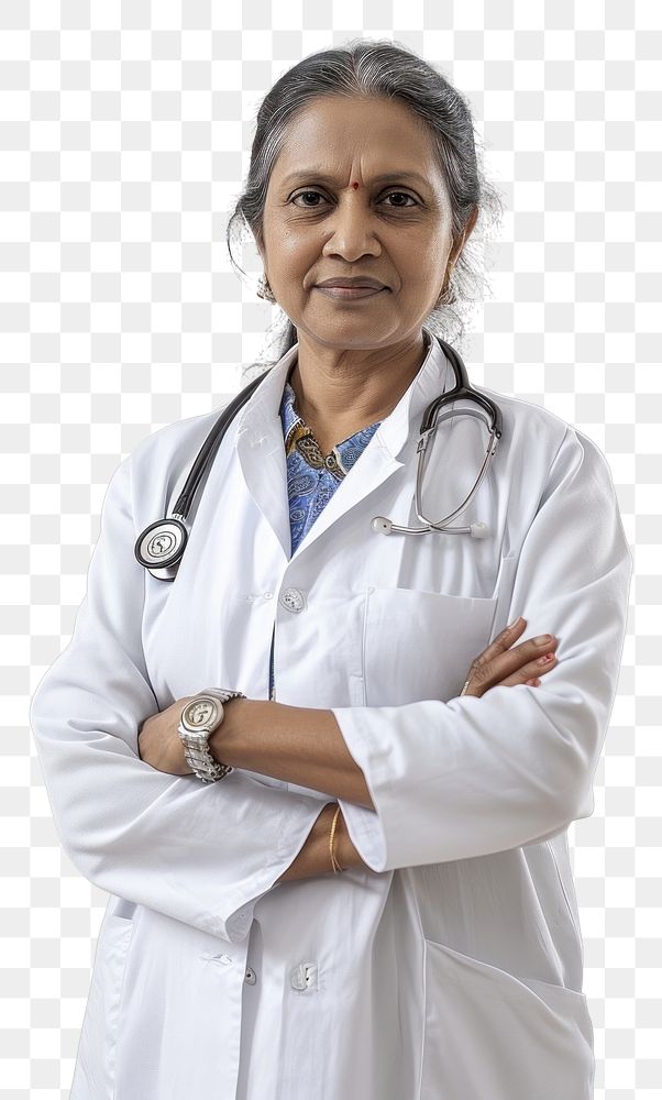 PNG  Middle age female indian doctor adult white background stethoscope.