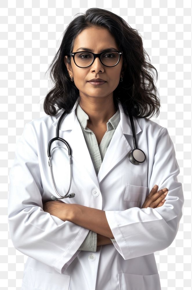PNG  Middle age female indian doctor glasses white background stethoscope.