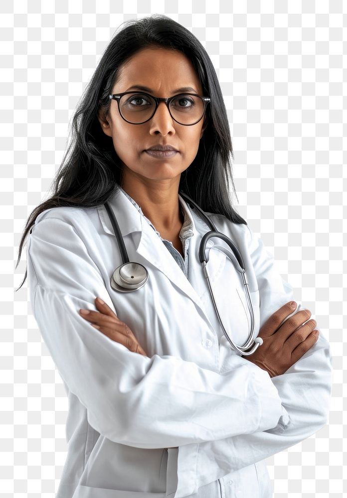 PNG  Middle age female indian doctor glasses adult white background.