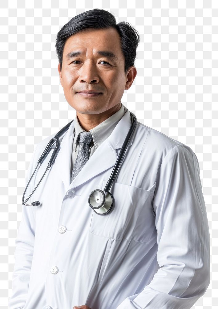 PNG  Middle age male asian doctor adult white background stethoscope.