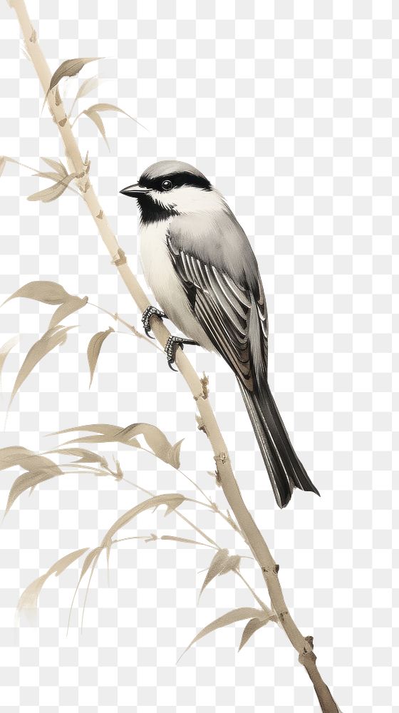 PNG  Bird perched on the bamboo leaves sparrow drawing animal. AI generated Image by rawpixel.