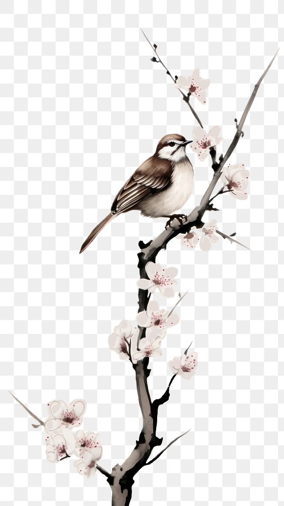 PNG  Bird perched on the plum blossom branch sparrow flower animal