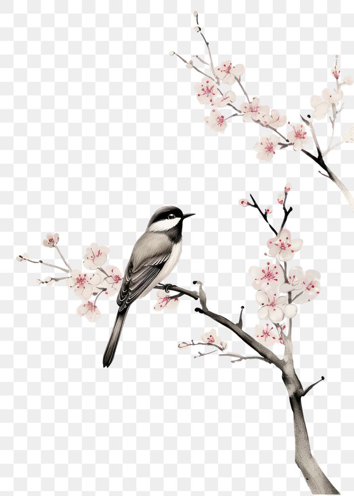 PNG  Bird perched on the plum blossom branch flower animal plant
