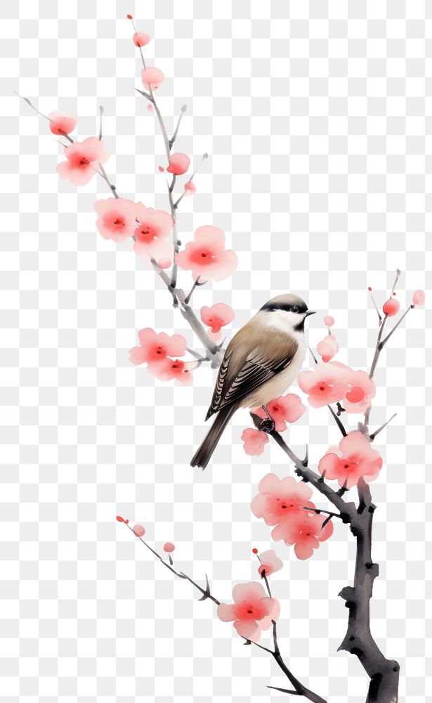 PNG  Birds perched on the peach branch outdoors blossom flower