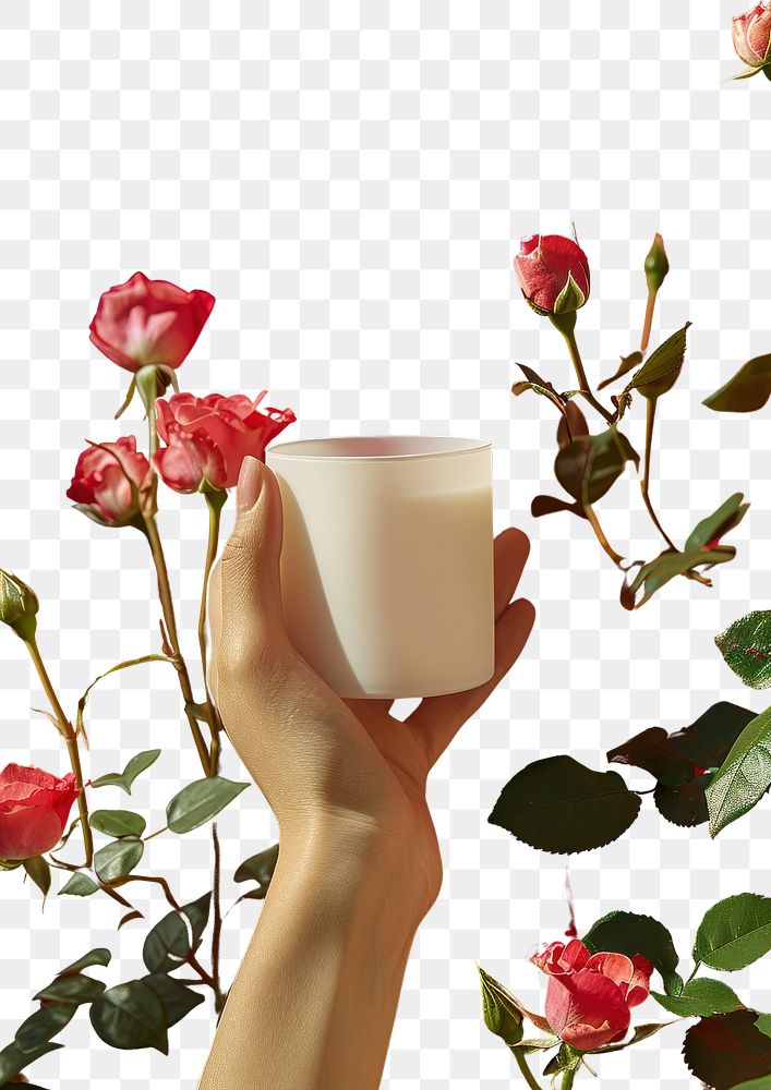 PNG Candle packaging mockup rose holding flower.