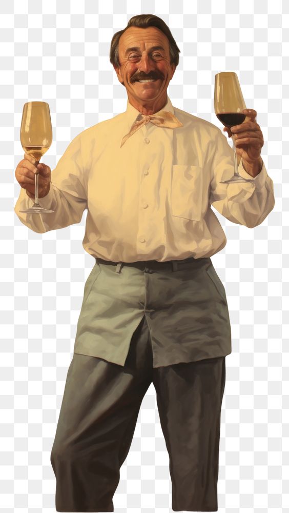 PNG A 1970s Man happy and holding a wine glass painting portrait adult.