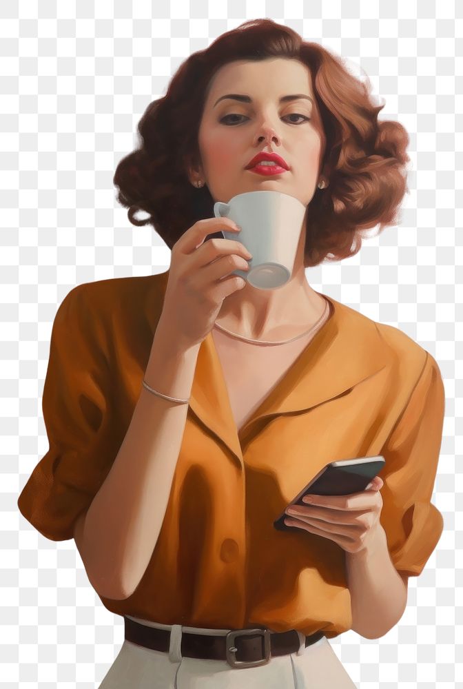 PNG A woman sipping a coffee while use smart phone painting cup mug.