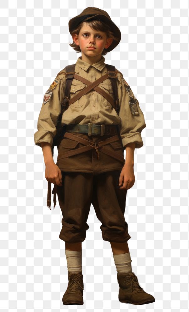 PNG A boy wearing a brown scout uniform portrait painting architecture.